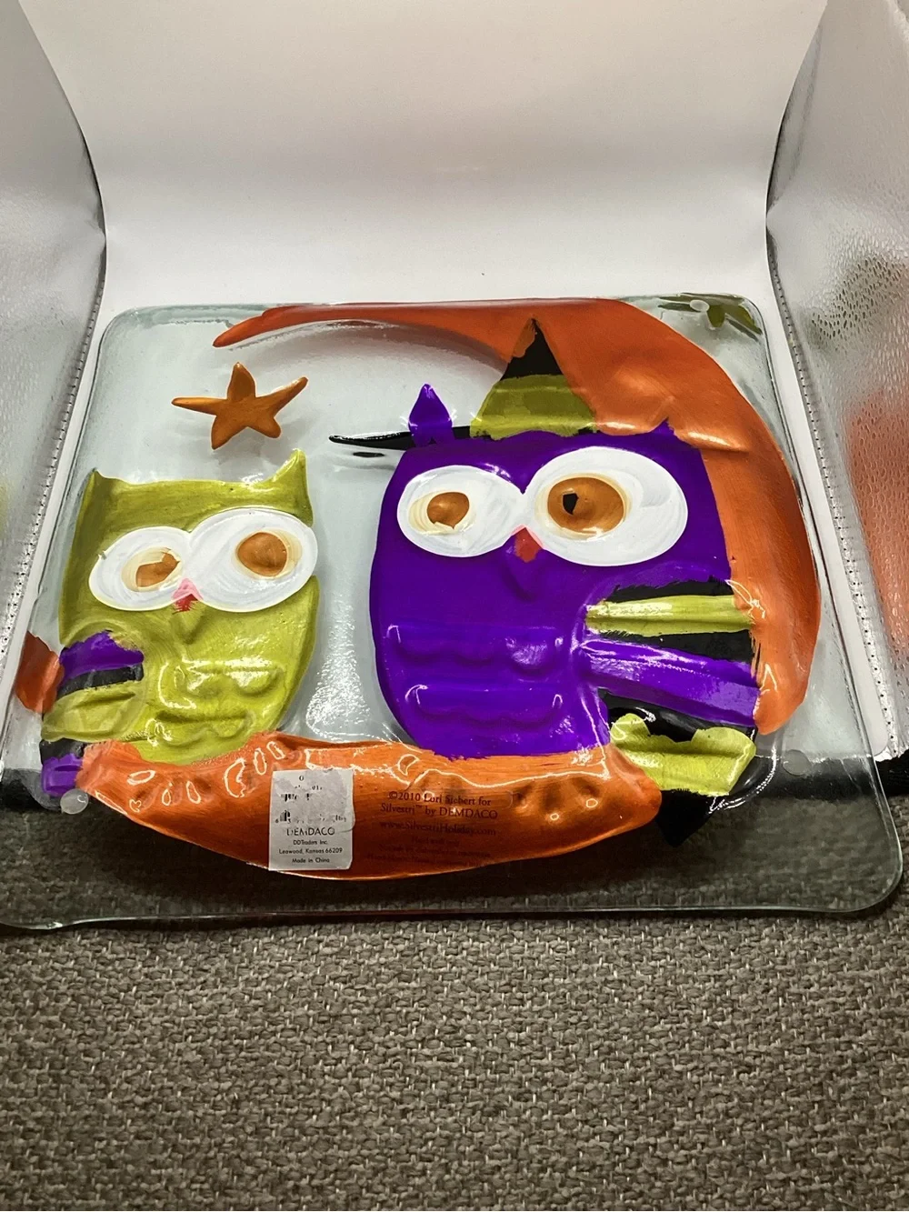 Lori Siebert for Silvestri fused glass Halloween owl witches serving platter